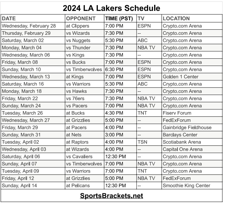 printable 2024 LA Lakers remaining schedule