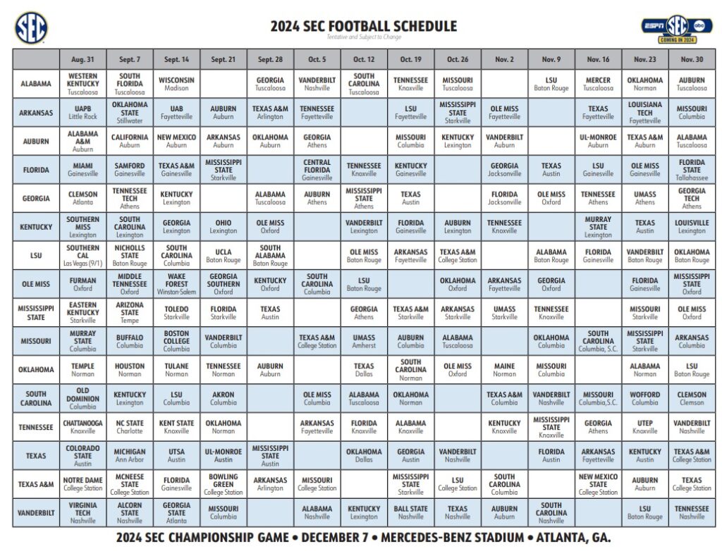 printable 2024 SEC Football Grid Schedule