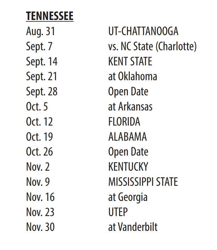 printable 2024 Tennessee Football schedule