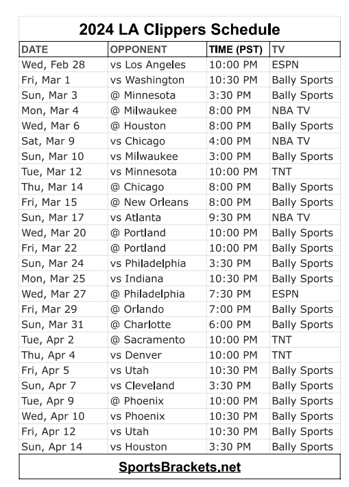 Printable 2024 LA Clippers Schedule
