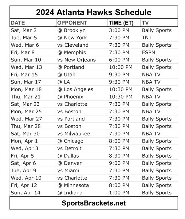 Printable 2024 Atlanta Hawks Basketball TV Schedule