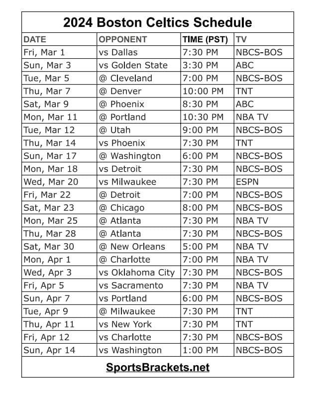 Printable 2024 Boston Celtics Schedule