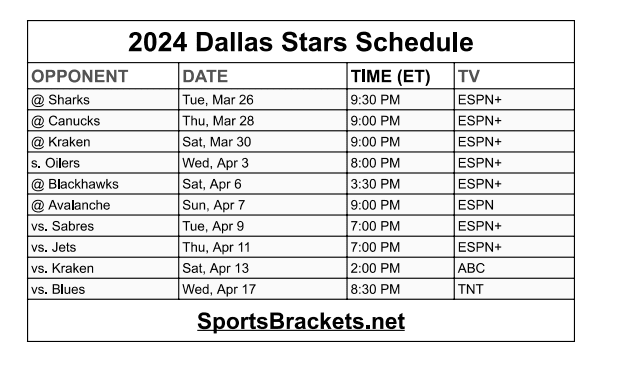 printable 2024 Dallas Stars schedule