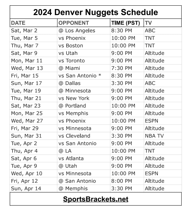 printable 2024 Denver Nuggets TV Schedule