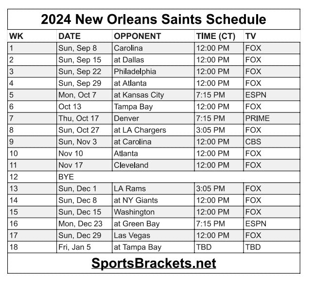 Printable 2024 New Orleans Saints Schedule Update - Sports Brackets Printable 2024 New Orleans Saints Schedule Update