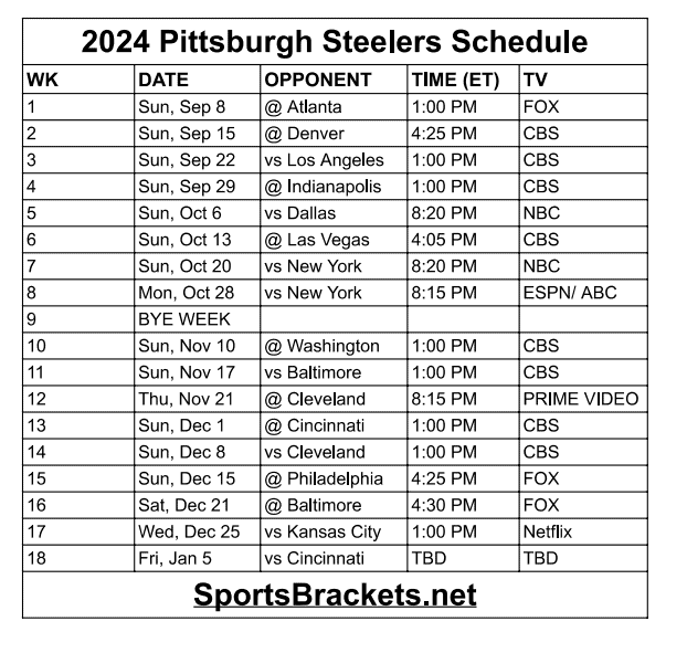Printable 2024 Pittsburgh Steelers Schedule UPdate - Sports Brackets Printable 2024 Pittsburgh Steelers Schedule Update