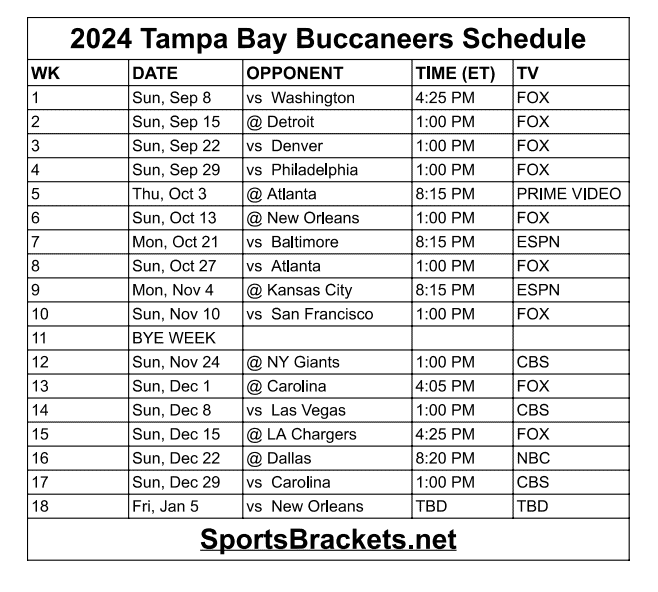 Printable 2024 Tampa Bay Buccaneers Schedule Update