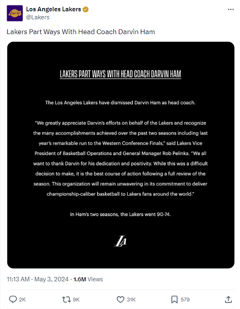 Lakers Announcement of firing Coach Ham