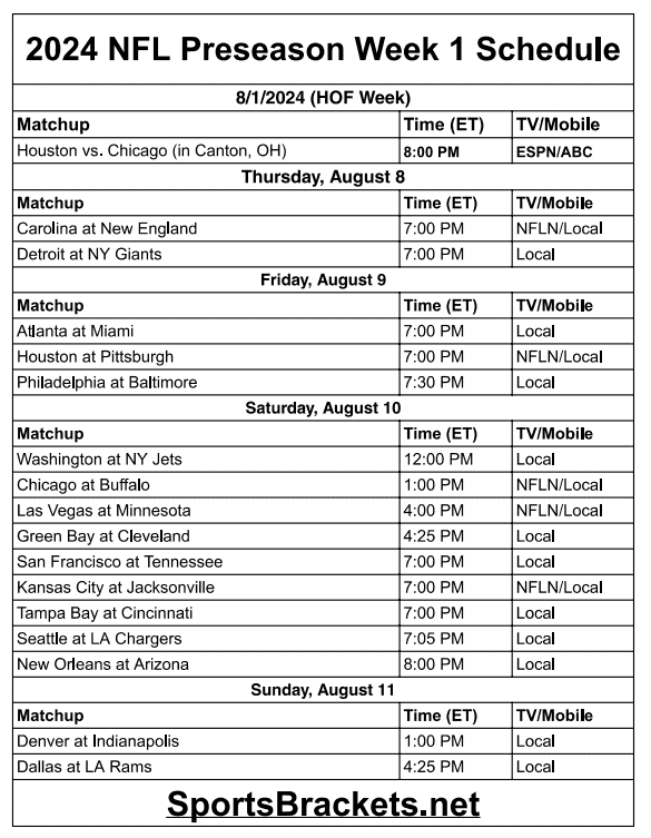 Printable 2024 NFL Preseason Week 1 Schedule