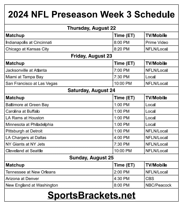 Printable 2024 NFL Preseason Week 3 Schedule
