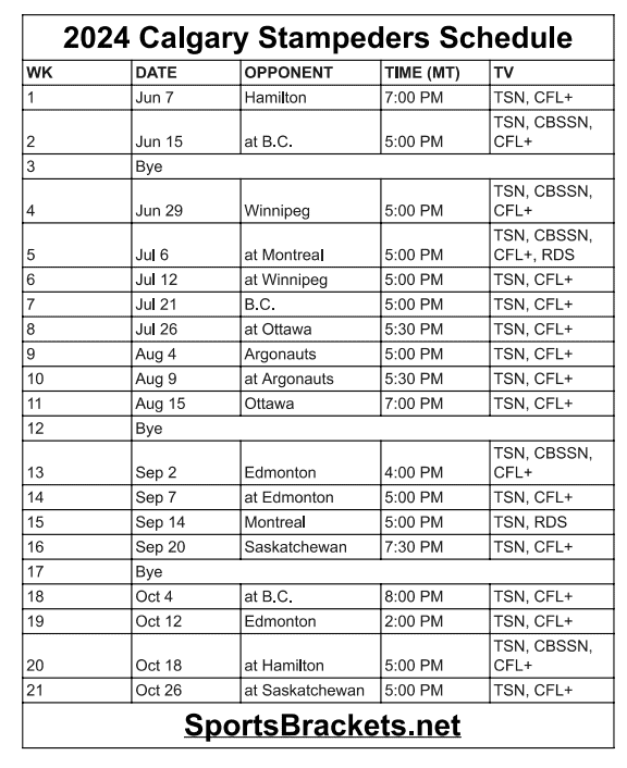 Printable 2024 Calgary Stampeders Schedule