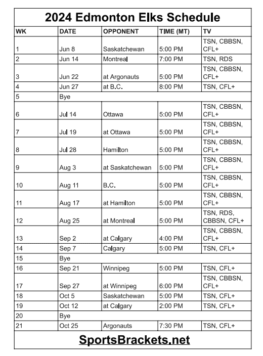 Printable 2024 Edmonton Elks Schedule