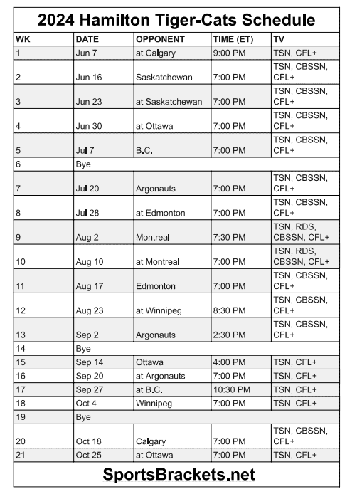 Printable 2024 Hamilton Tiger-Cats Schedule