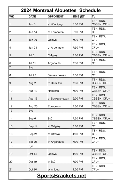 Printable 2024 Montreal Alouettes Schedule