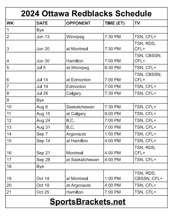 Printable 2024 Ottawa Redblacks Schedule