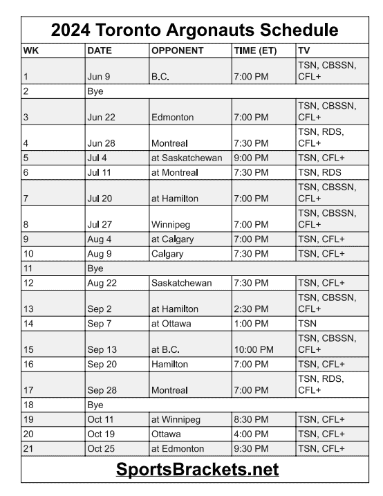 Printable 2024 Toronto Argonauts Schedule
