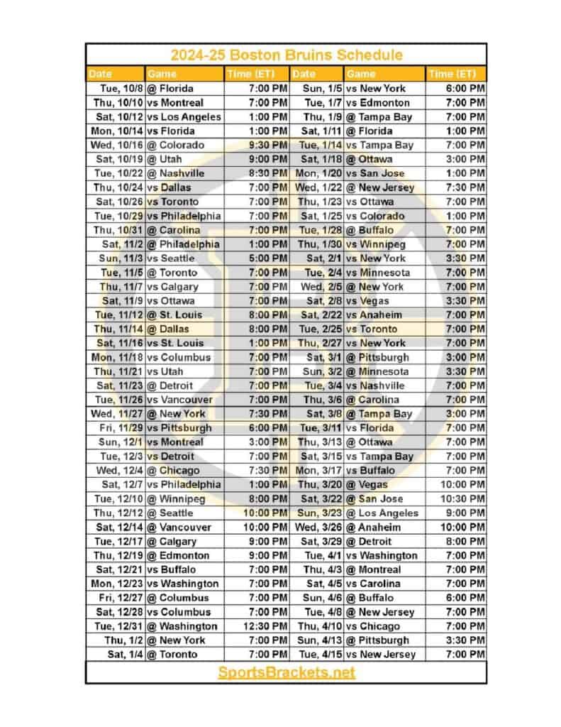 Printable 2024-25 Boston Bruins Schedule - Sports Brackets