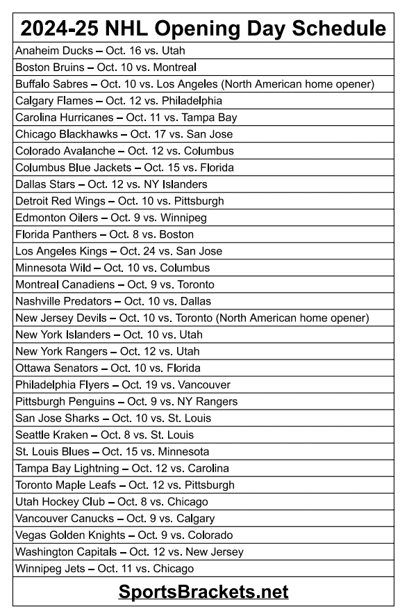 printable 2024-25 NHL opening day schedule