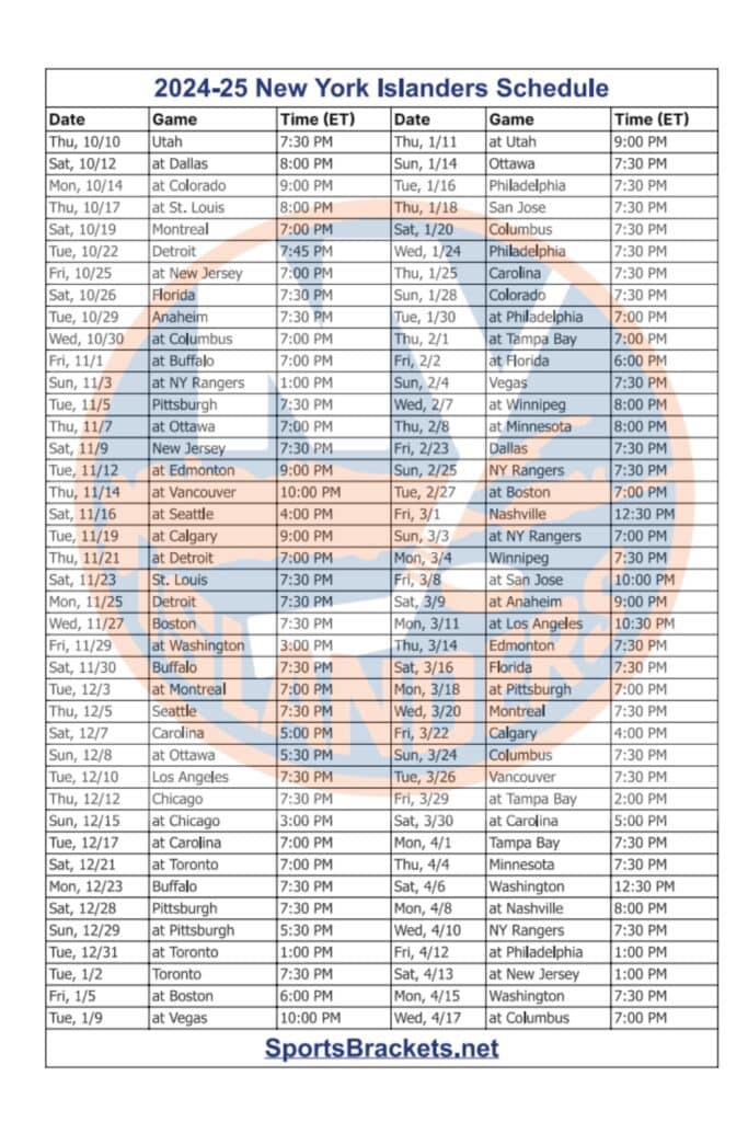 2024-25 NY Islanders Schedule
