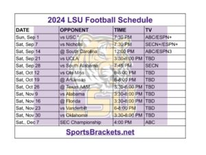 Read more about the article Printable 2024 LSU Football Schedule; Matchups and TV Broadcast
