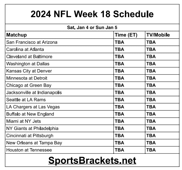 Printable 2024 NFL Week 18 Schedule - Sports Brackets Printable 2024 NFL Week 18 Schedule