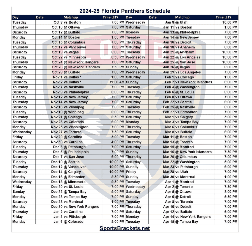 2024-25 Florida Panthers Schedule