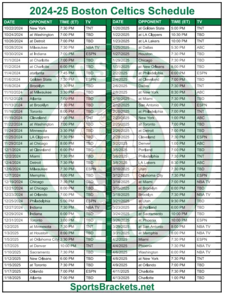Printable 2024-25 Boston Celtics Schedule