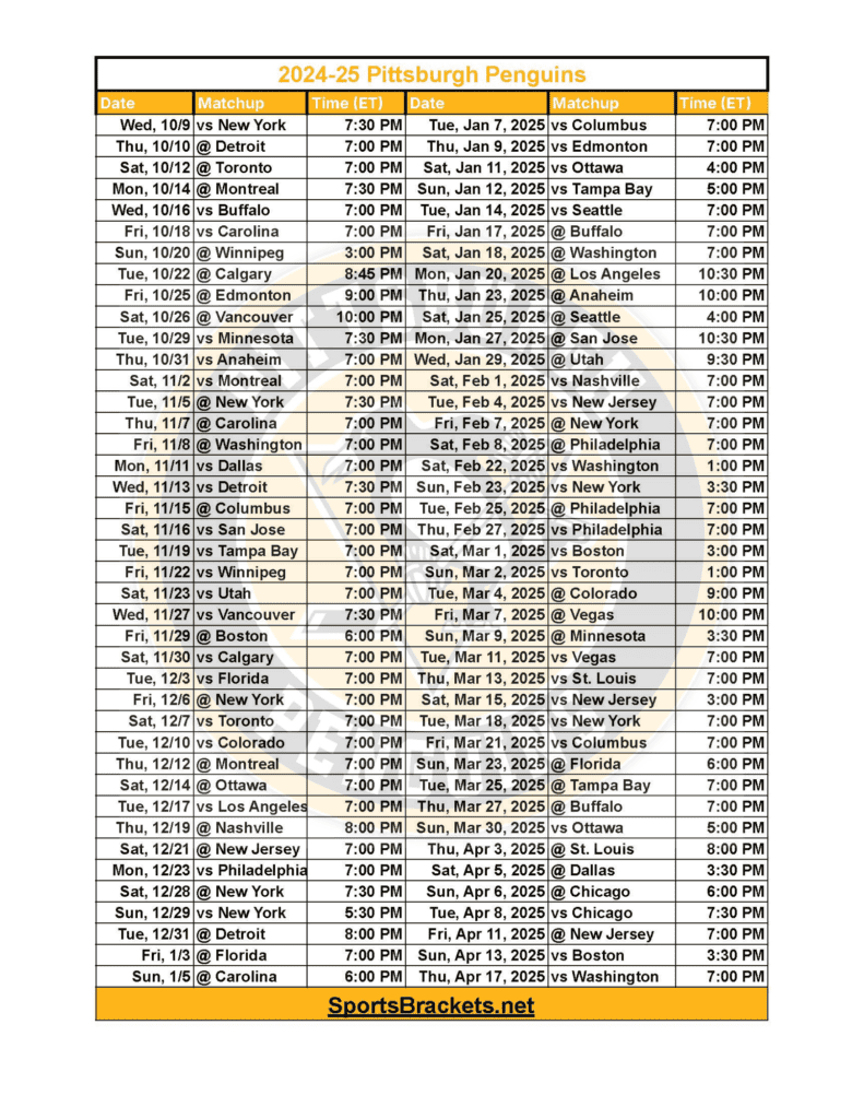 2024-25 Pittsburgh Penguins Schedule