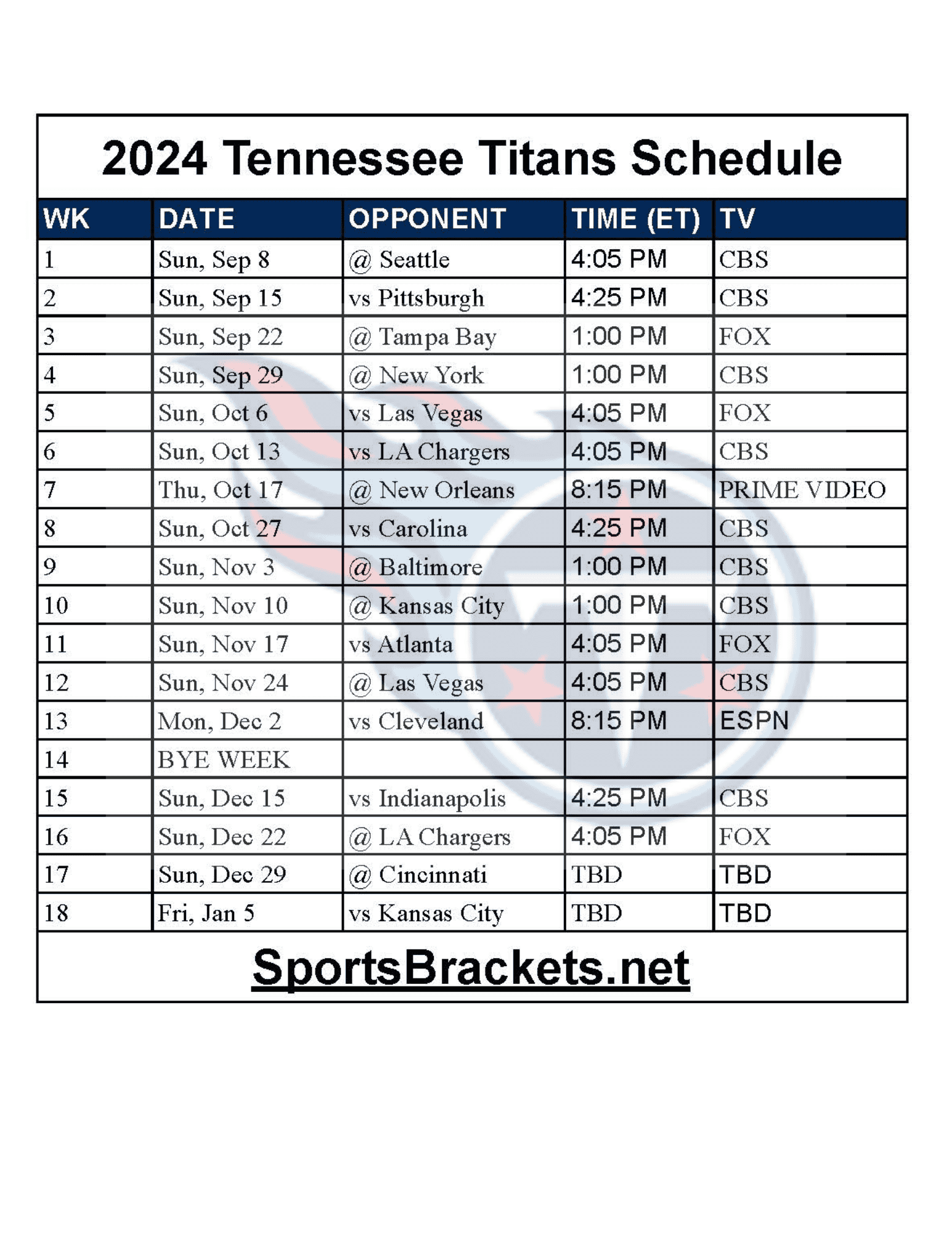 Printable 2024 Tennessee Titans Schedule; Matchups and TV Broadcasts ...