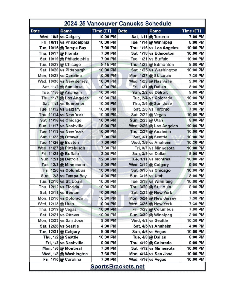 2024-25 Vancouver Canucks Schedule