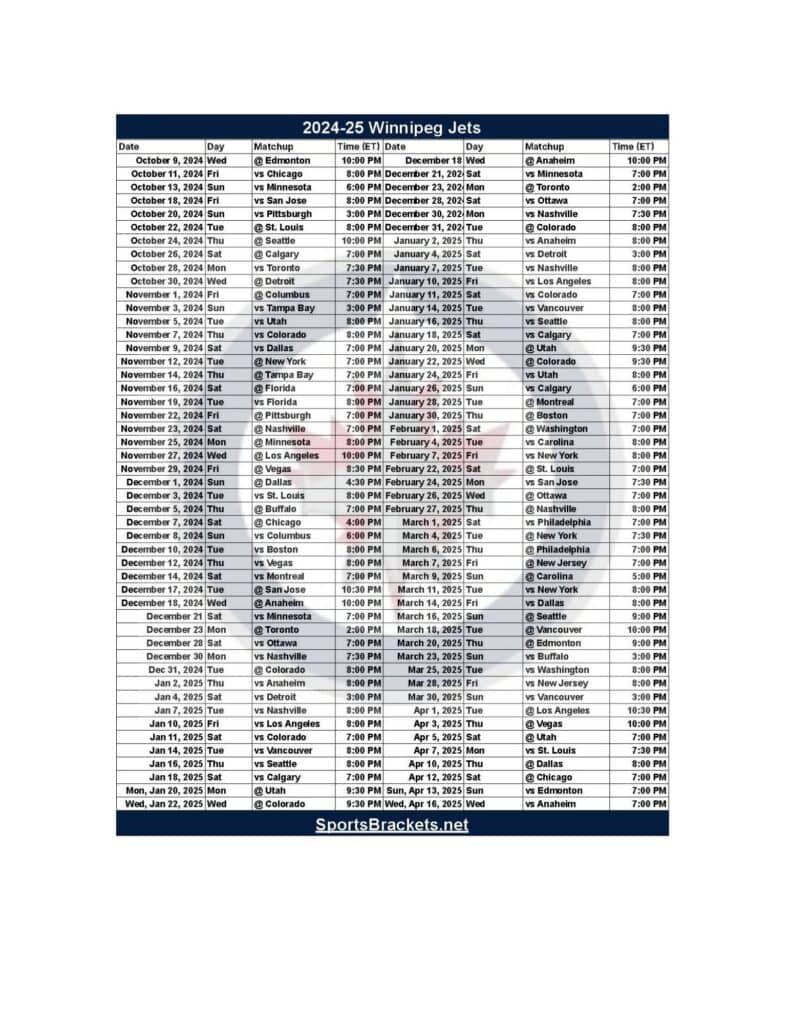 Winnipeg Jets - Sports Brackets 2024-25 Winnipeg Jets Schedule