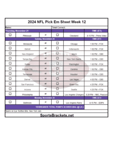 2024 NFL Pick Em Sheet Week 12