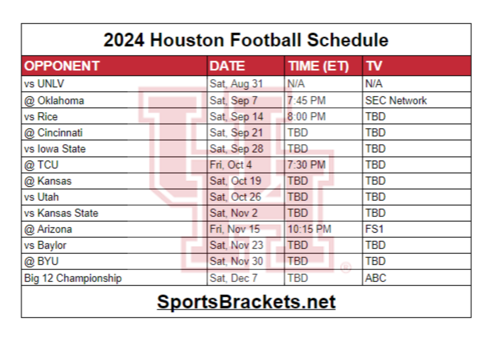 Printable 2024 Houston Football Schedule; Matchups and TV Broadcast