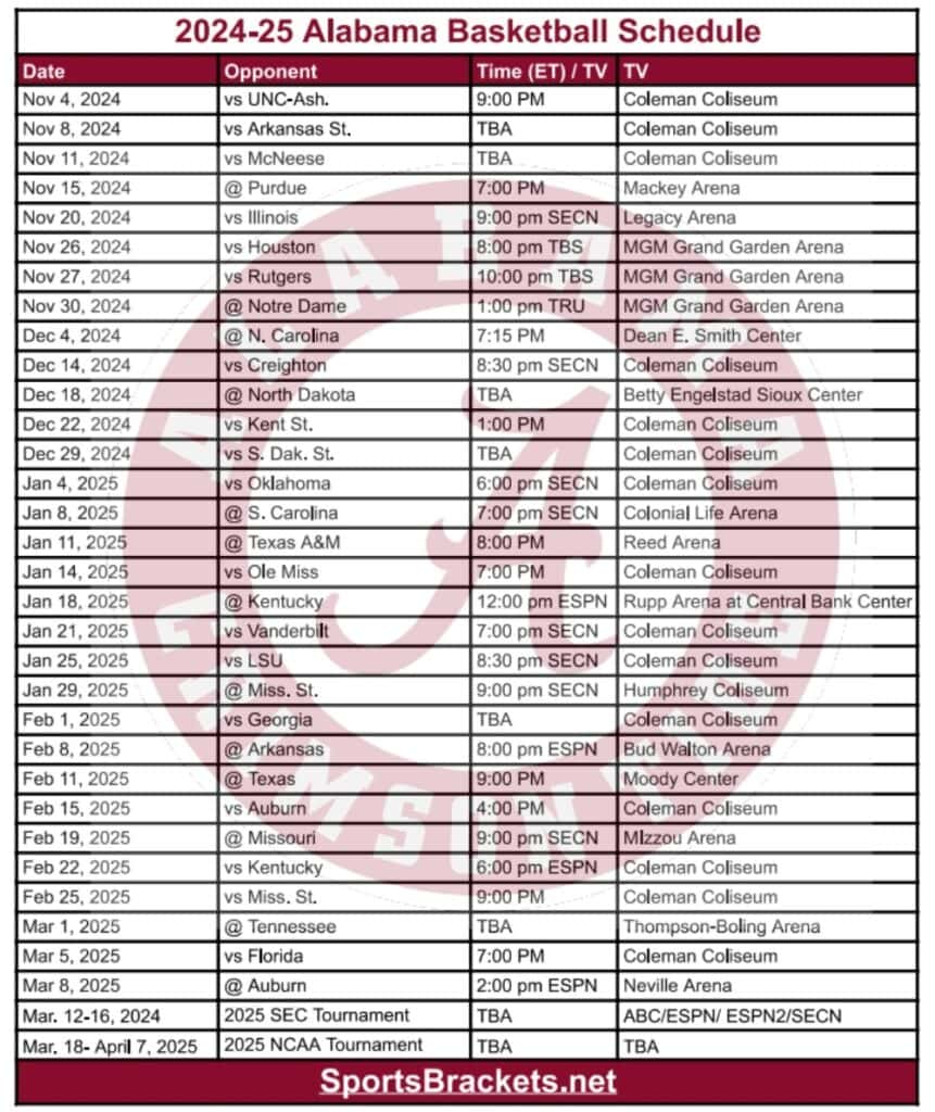 Printable 2024-25 Alabama Basketball Schedule - Sports Brackets Printable 2024-25 Alabama Basketball Schedule