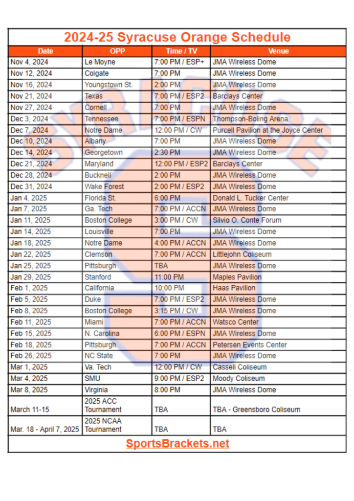 2024-25 Syracuse Orange Basketball Schedule