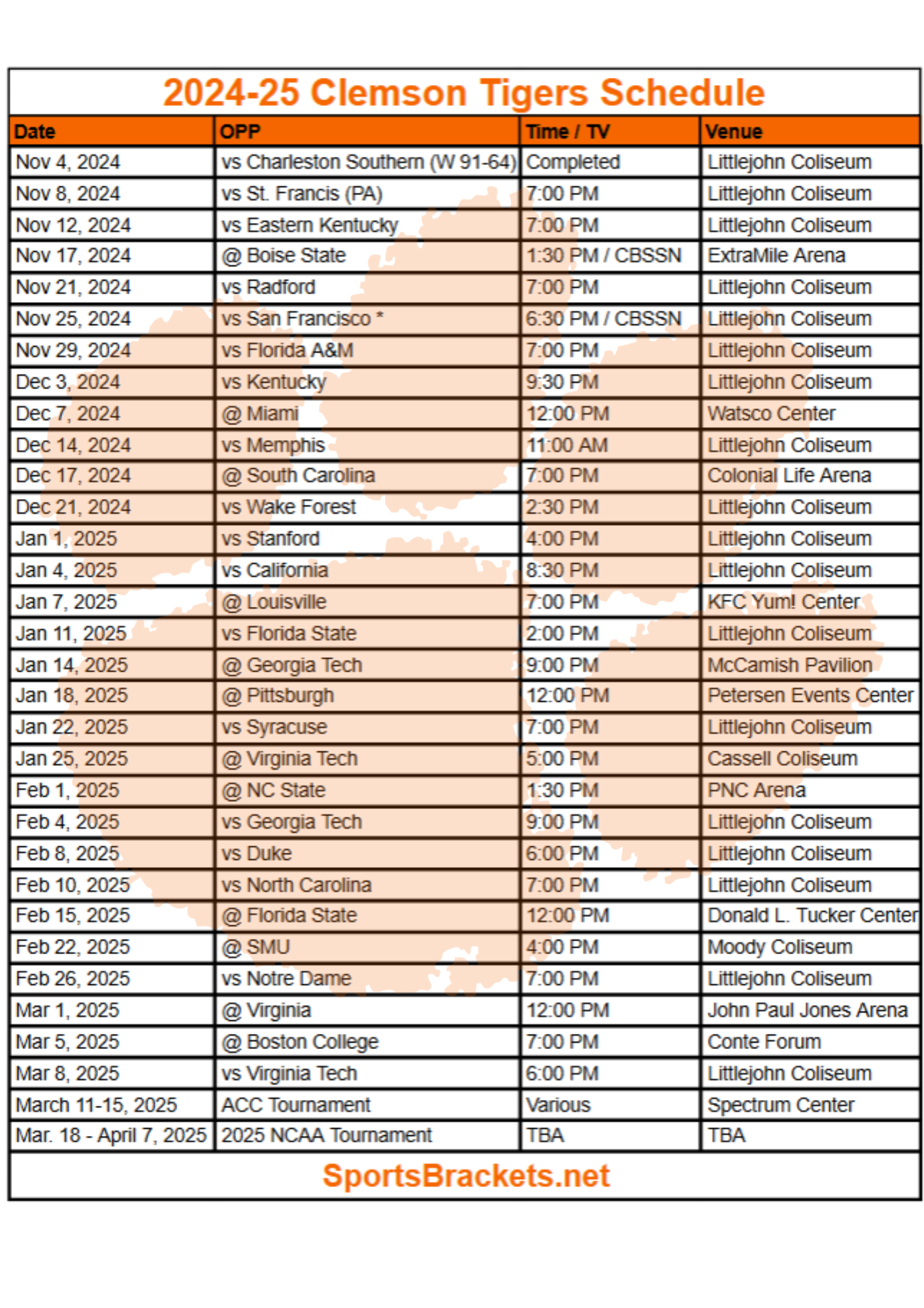 Printable 202425 Clemson Tigers Basketball Schedule; TV Broadcasts