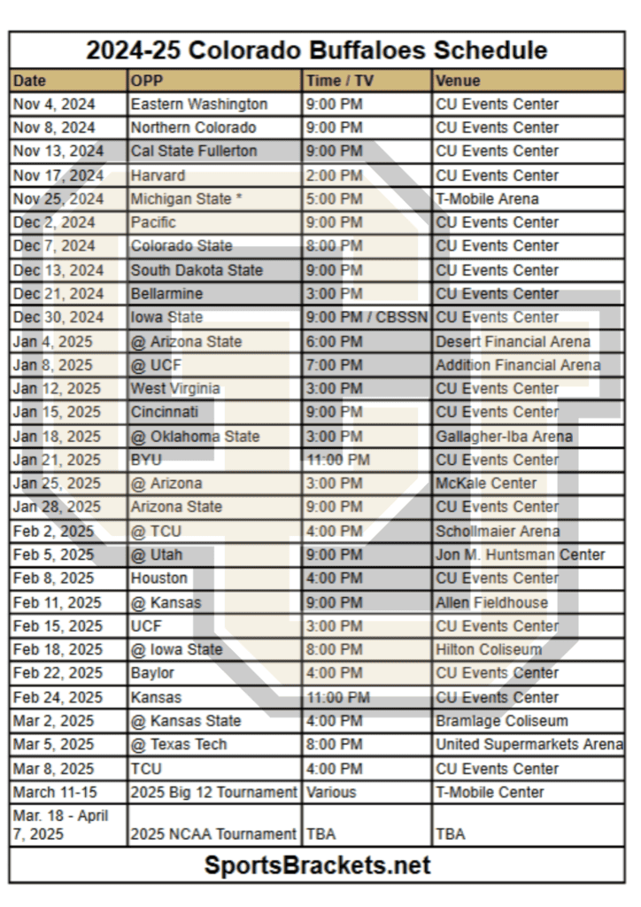 2024-25 Colorado Buffaloes Basketball Schedule