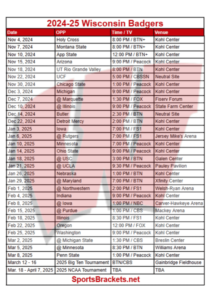 2024-25 Wisconsin Badgers Basketball Schedule