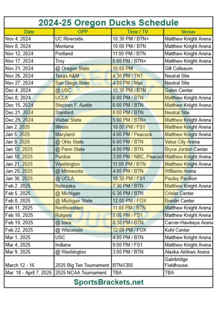 Printable 2024-25 Oregon Ducks Schedule; TV Broadcasts, Matchups - Sports Brackets 2024-25 Oregon Ducks Basketball Schedule