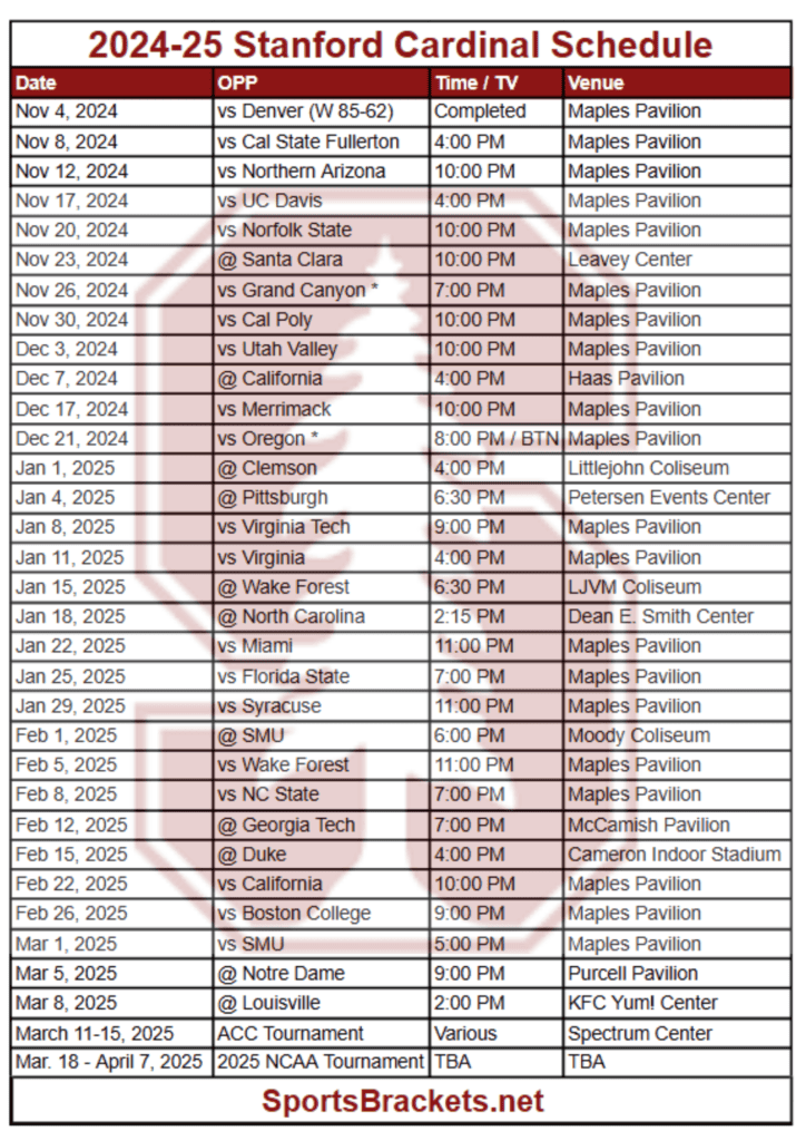2024-25 Stanford Cardinal Basketball Schedule