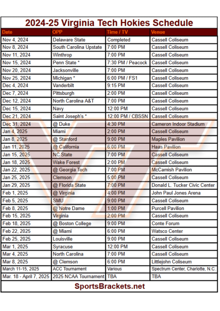 Printable 2024-25 Virginia Tech Hokies Schedule; TV Broadcasts, Matchups - Sports Brackets 2024-25 Virginia Tech Hokies Basketball Schedule