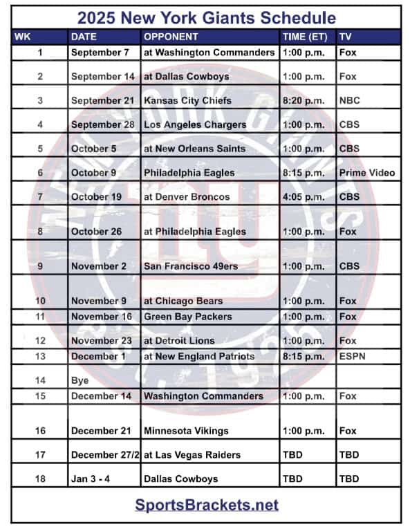 Printable 2025 New York Giants Schedule - Sports Brackets Printable 2025 New York Giants Schedule