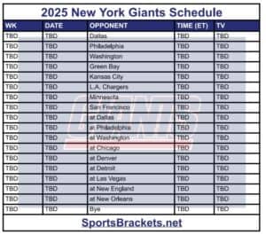 Printable 2025 New York Giants Schedule; Matchups and TV Broadcasts