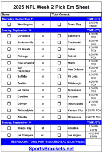 2025 NFL Pick Em Sheet Week 2; Printable, PDF Format