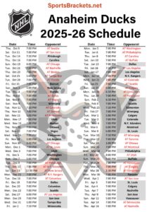 Printable 2025-26 Anaheim Ducks Schedule