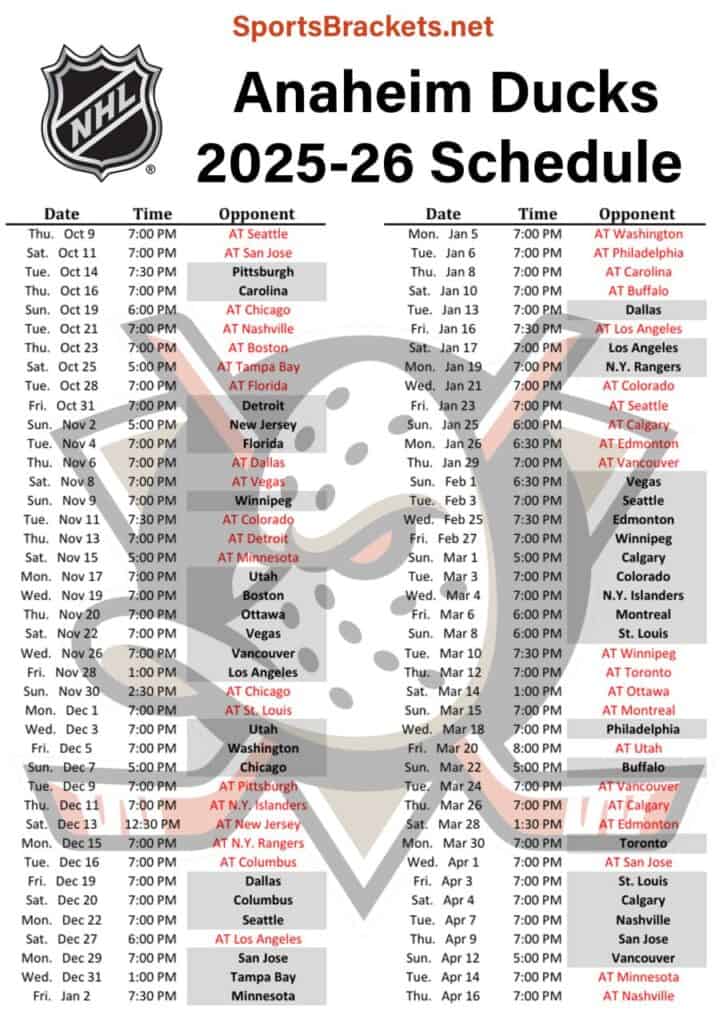 Printable 2025-26 Anaheim Ducks Schedule