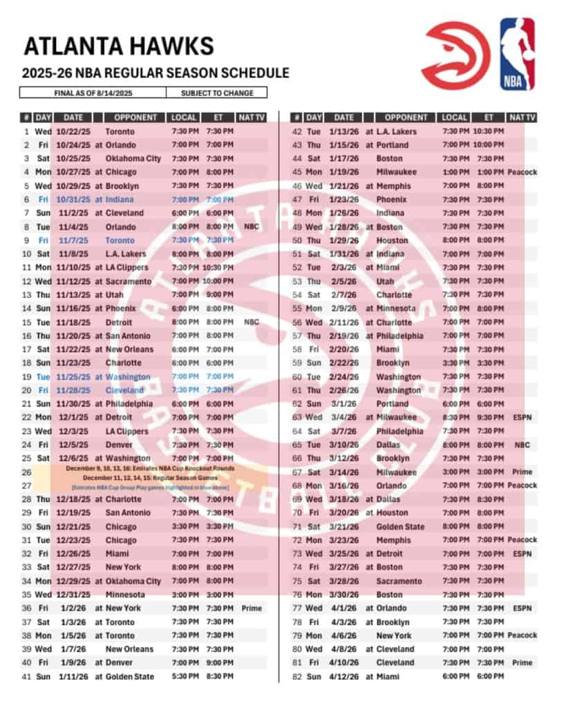Printable 2025-26 Atlanta Hawks Schedule