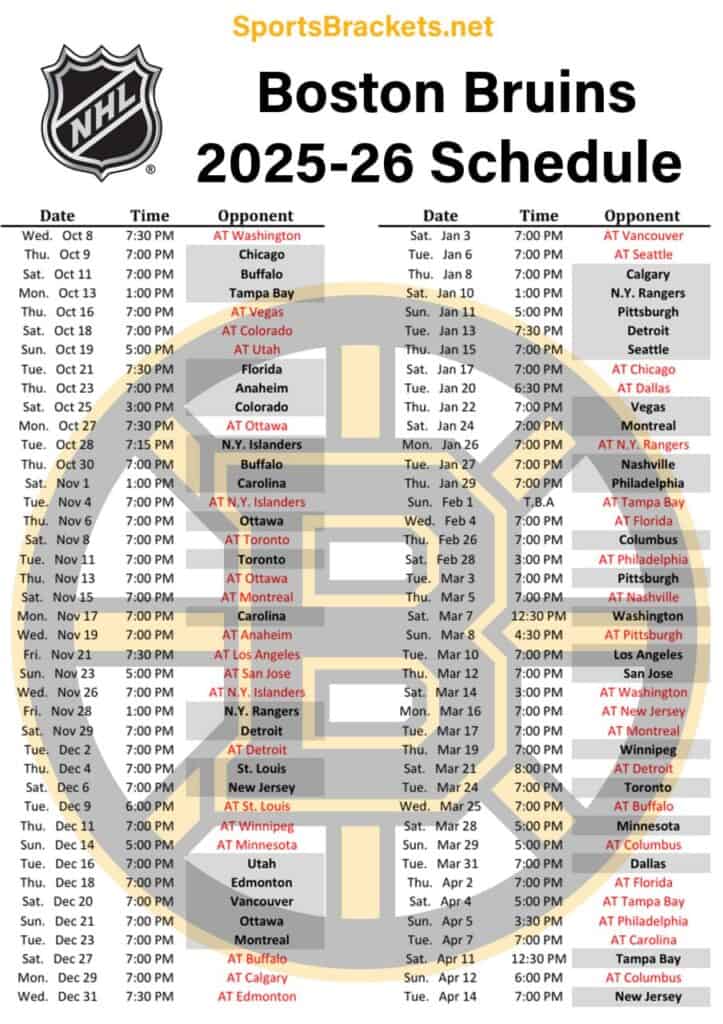 Printable 2025-26 Boston Bruins Schedule