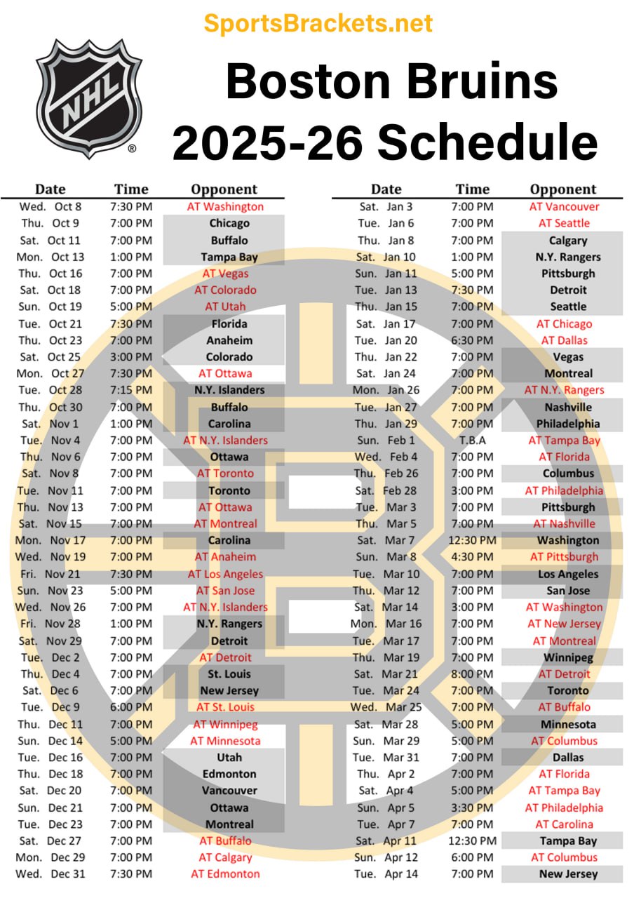 2025 26 Boston Bruins Schedule Printable PDF Format Sports Brackets