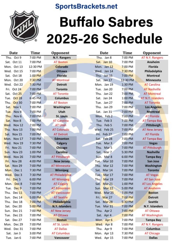 Printable 2025-26 Buffalo Sabres Schedule